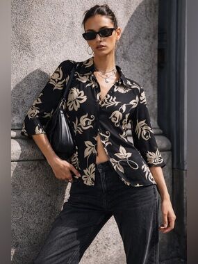 Women's Black Floral Button-Up Shirt